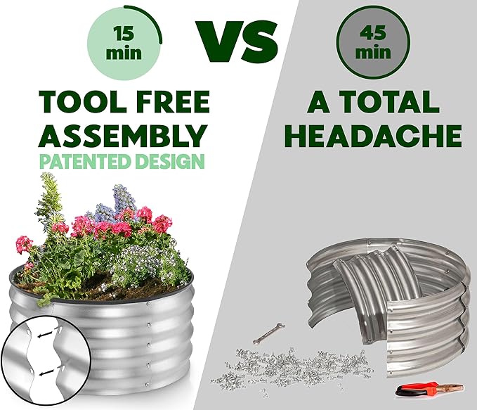 Round Galvanized Raised Garden Bed // 2×2×1 ft Galvanized Raised Garden Beds Outdoor for Gardening Vegetables Flowers // Patented Tool-Free Design Round Planter (Silver)