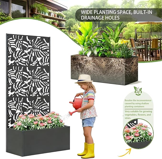 47 Metal Planter Box with Trellis on Wheels Galvanized Steel Raised Garden Bed Privacy Screen 71 Tall Mobile Vertical Garden Planter for Patio Deep Root Outdoor Climbing Plant Support Black