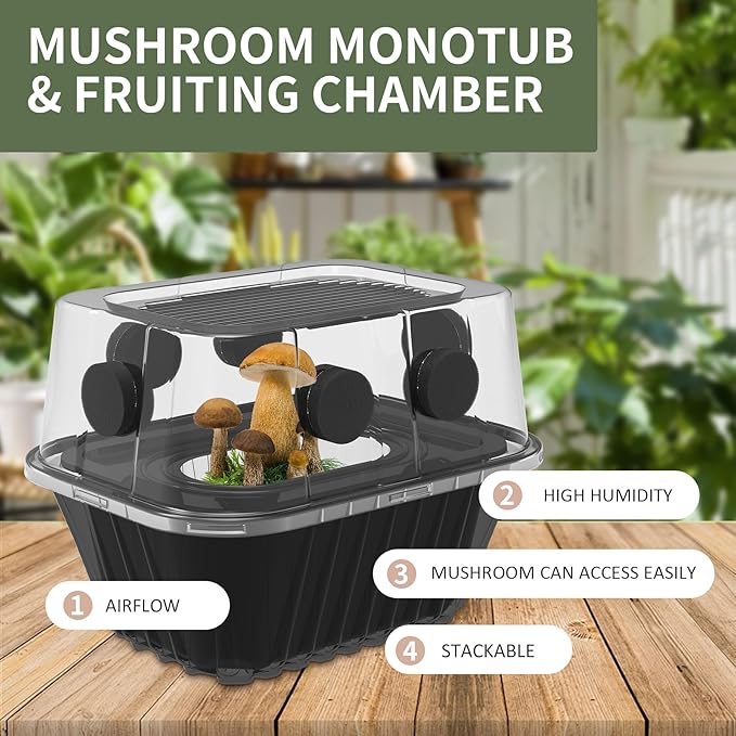 YANWEN Mushroom Growing Kit Monotub Stackable Grow Box Fruiting Chamber with FAE Filters Indoor Use 12.6 x 12.6 x 6.3 inches Clear and Black