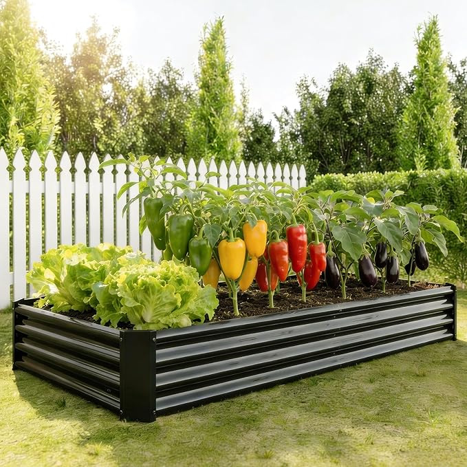 Metal Galvanized Raised Garden Bed Kit 8 x 4 x 1 ft Galvanized Steel Raised Garden Planter Box Outdoor with Open Base for Growing Vegetables/Flowers/Herbs/Fruits/Succulents Rectangle Black
