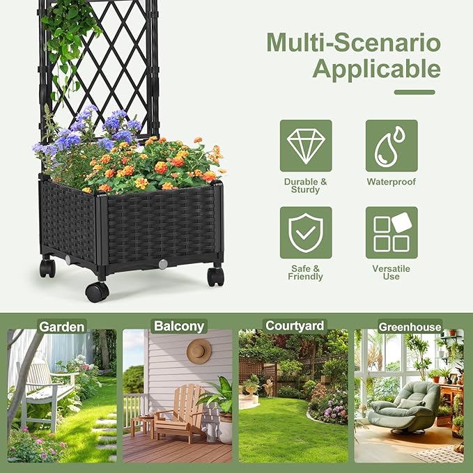 Planter Box with Trellis 4ft Tall Self-Watering Plastic Raised Garden Beds and Lattice Trellis with Lockable Wheels &amp Drain Plug for Outdoor Patio Backyard Balcony Black 1 Pc