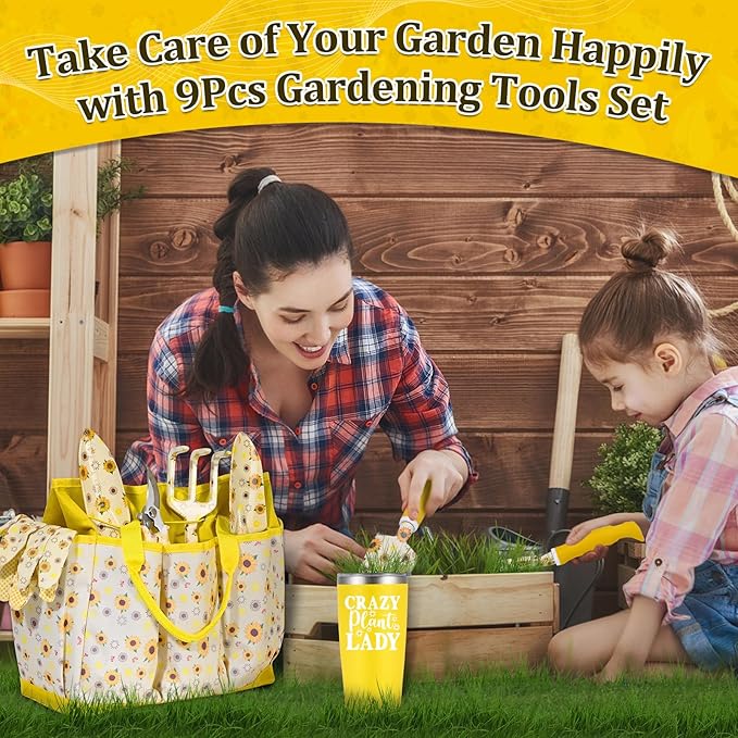 Lifecapido Gardening Gifts for Women Gardening Hand Tools 9 PCS Sunflower Garden Tool Set Kit with Garden Tool Bag Birthday Christmas Mothers Day Garden Tools Gifts for Gardeners Women Mom (Yellow)