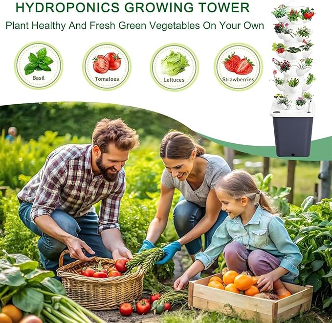 Hydroponic Tower | Vertical Hydroponic Tower Garden System | Water Circulation Plants Germination | with Water Pump &amp Timer | Vertical Hydroponic System for Gardening Lover (Grey 15 Holes)