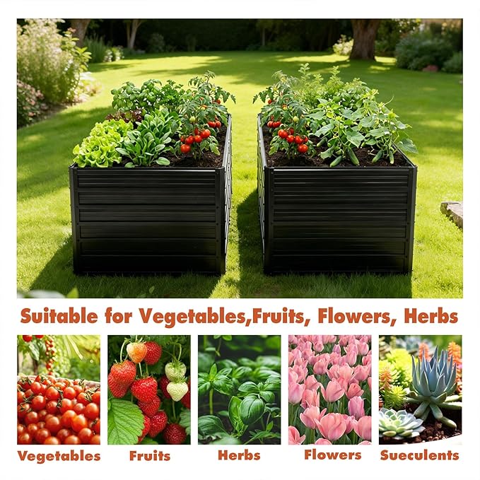 2PC Galvanized Raised Garden Bed Kit8x4x2 FT Galvanized Planter Boxes SetLarge Planter Raised Beds Outdoor Garden Rectangle Vegetable &amp Flower Beds for Herbs Fruits Planting (Black)