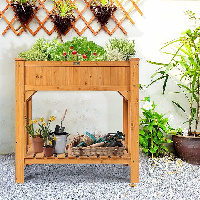 S AFSTAR Raised Garden Bed with Legs Wooden Elevated Planter Box with 8 Grids Divider &amp Protective Liner 35.5x24x36in Standing Garden Planter Bed for Vegetables Flowers Herbs on Deck Patio Backy