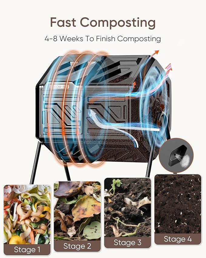 THEGROW'ING Updated 43 Gallon Compost Bin Outdoor Fast Assemble Tumbling Composter Dual Chamber Composter Tumbler Rotating Compost Bin for Outside Backyard Garden and Yard Black