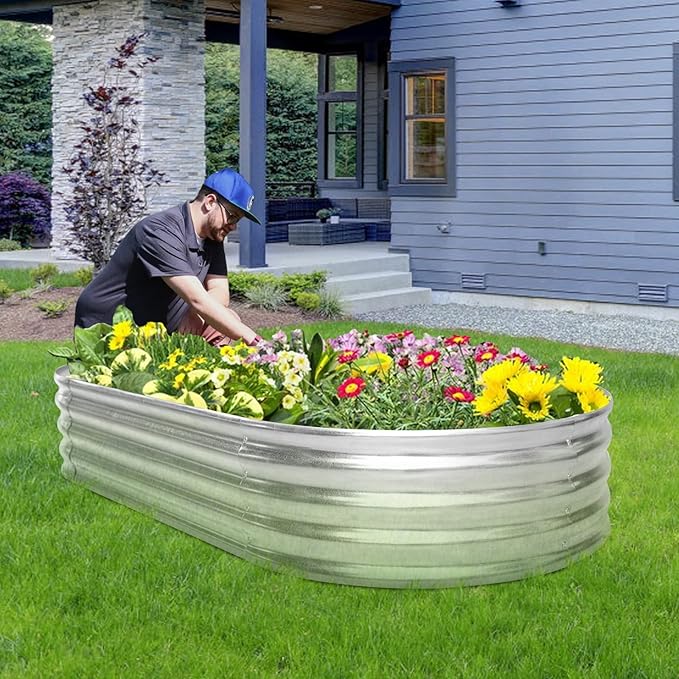 HKLGorg Galvanized Raised Garden Bed 6 x 3 x 1ft Galvanized Metal Planter Box Oval Large Raised Garden Beds for Flowers Vegetables and Fruits Rustproof Planter Box with No Bottom Silver