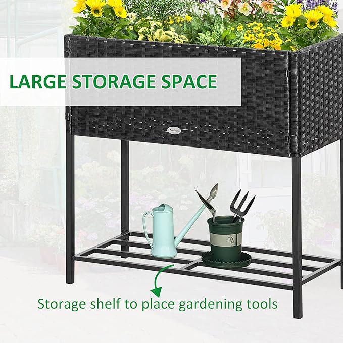 Raised Garden Bed Elevated Planter Box with Rattan Wicker Look Tool Storage Shelf Portable for Herbs Vegetables Flowers Black