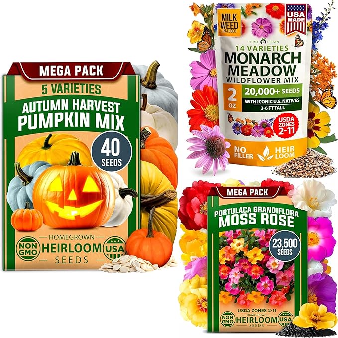 HOME GROWN Pollinator &amp Pumpkin Garden Mix – 40 Pumpkin &amp 20000 Monarch Butterfly Wildflower Seeds &amp 23500 Moss Rose Seeds – Non-GMO USA Heirloom for Outdoor Planting