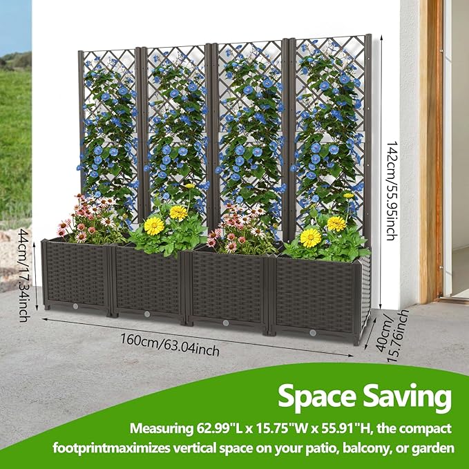4 PCS Planter with Trellis 63 L x 15.7 W x 56 H Planters for Climbing Plants - Interlocking Design Raised Garden Bed Planter Boxes Outdoor Plant Box for Backyards Terraces Vegetables Flowers