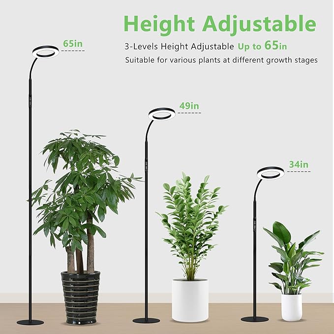 Grow Light for Indoor Plants Full Spectrum Led Plant Growing Lights with Stand Tall Halo Floor Growth Lamp with Timer Height Adjustable Dimmable Brightness for Large Plants