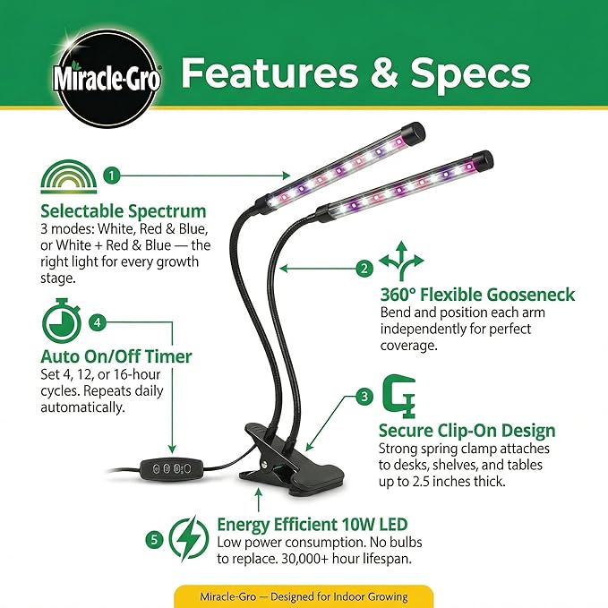 Miracle-Gro Grow Light for Indoor Plants - 10W LED Flexible 2-Head Selectable Spectrum for Indoor Plants Seeds Herbs Flowers Plug-in Anywhere for Any Plant