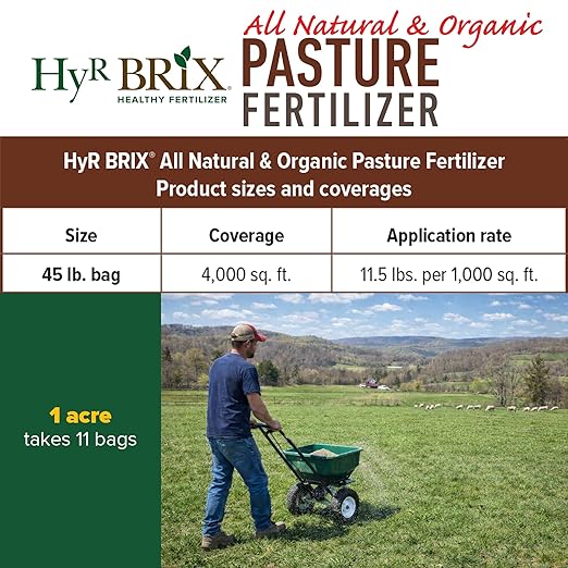 HyR BRIX All Natural &amp Organic 2-1-8 Pasture Fertilizer 45lb Bag - Organic Nutrition for Healthy Forage Livestock &amp Sustainable Pastures - Covers 4000 Square Feet