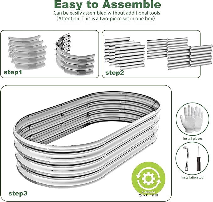 4x2x1ft-2pcs-Oval Raised Garden Bed Kit Galvanized Planter Garden Boxes Outdoor Metal Raised Garden Beds for VegetablesFruits FlowerSilver