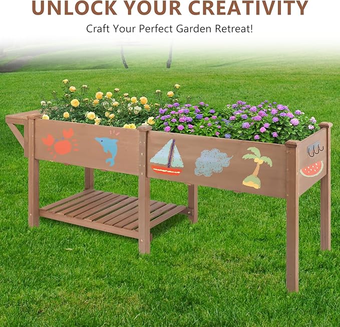 Raised Garden Bed with Legs Wooden Planter Box for Outdoor Gardening Elevated Garden Bed with Storage Shelf Hooks &amp Protective Liner for Vegetables Flowers Herbs (80x23x30 in Brown)