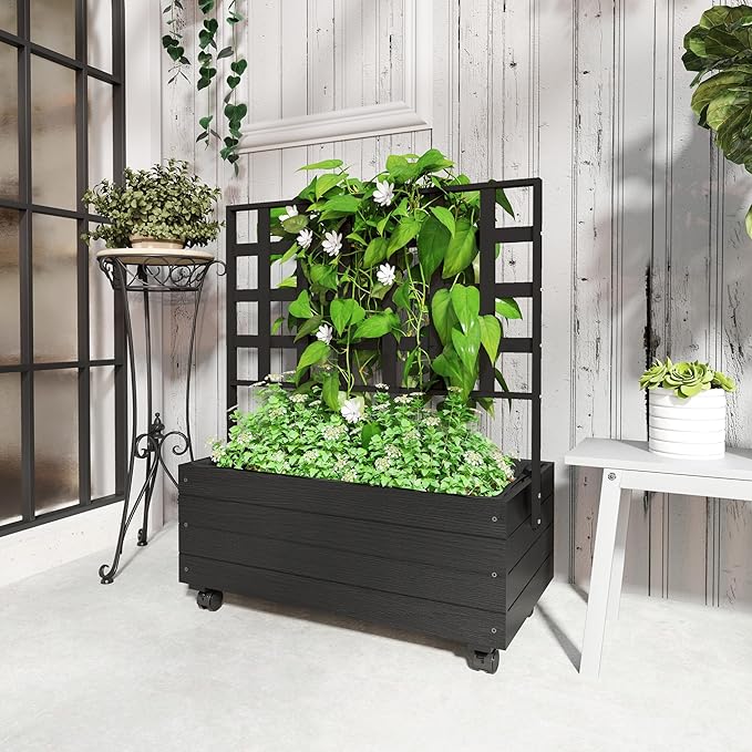 Outsunny Raised Garden Bed with Trellis and Wheels Outdoor Wooden Elevated Planter Box Freestanding Raised Flower Bed for Climbing Plants Flowers Herbs and Vegetables