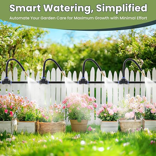 Automatic Drip Irrigation Kits - Garden Watering System with 360° Bendable Spray Adjustable Copper Atomizing Nozzles for Yard Lawn Raised Bed Greenhouse Potted Plants (24 Nozzles 100FT Hose)