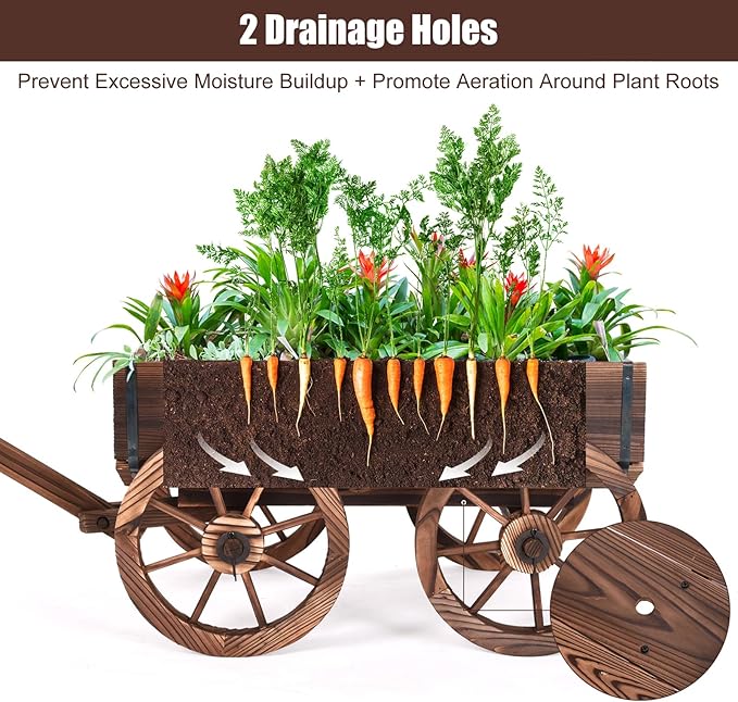 COSTWAY Wood Wagon Flower Planter Pot Stand with Wheels for Home Garden Indoor Outdoor Decor