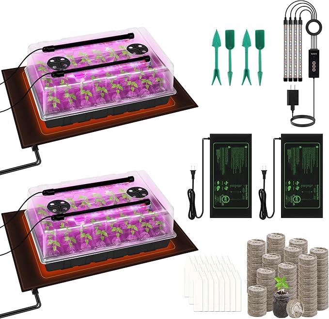 2 Set Seed Starter Kit 40-Cell Seed Starter Tray with Grow Light Full Spectrum Seedling Heat Mat 40 Peat Pellets Seed Starting Soil Plant Label Garden Tool for Germination Seeds Growing Black