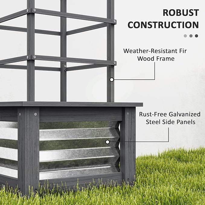 Outsunny Raised Garden Bed with Trellis Wooden Planter Box with Galvanized Steel Sides Raised Flower Bed for Climbing Plants Flowers Fruits and Vegetables Gray