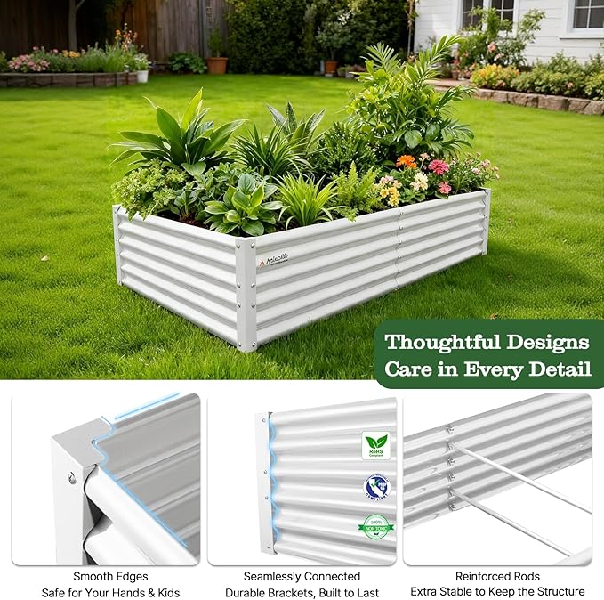 A ANLEOLIFE 6X3X1.5 ft Galvanized Raised Garden Beds Outdoor Rectangular Metal Planter Box for Planting Vegetables Flowers Herb Anti-Rust &amp Easy-Setup Antique White