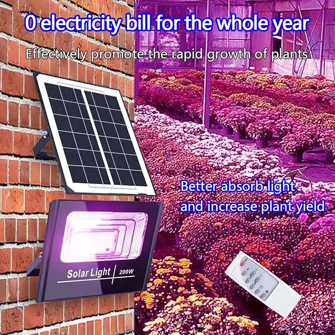 200W Solar Grow Lights Rechargeable Grow Light Full Spectrum Plant Light for Indoor Outdoor Plants with Timer Solar Plant Lights with Remote Control and USB ChargingBlack