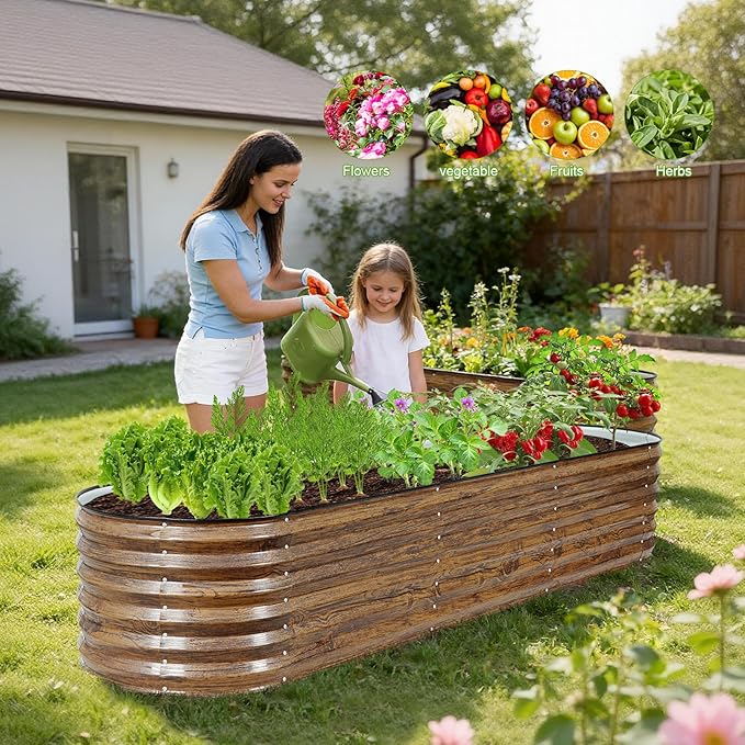 ZORMY Galvanized Raised Garden Bed Outdoor- 8x2x1.4ft Oval Steel Raised Beds for Gardening Metal Planter Box with Protective Strip and Gloves for Vegetables Flowers Fruits(Brown)