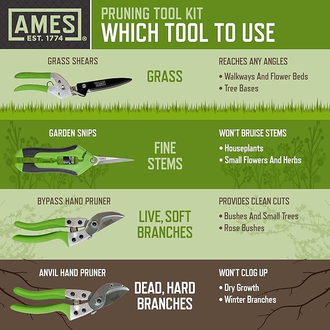 AMES 20213344 4-pc. Pruning Tools Kit with Bypass &amp Anvil Pruners Garden Snips Grass Shears &amp Canvas Case