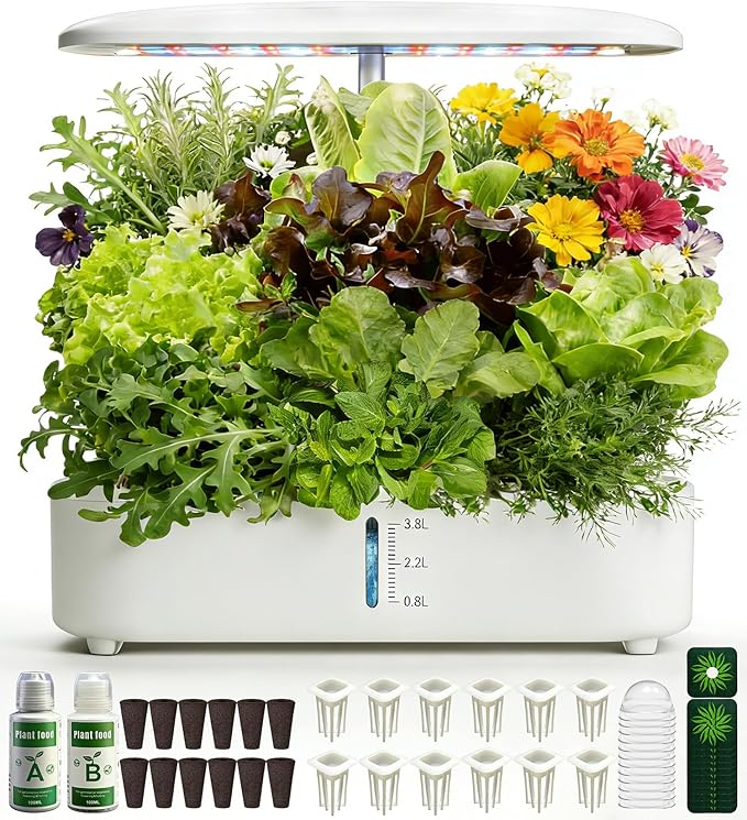 Hydroponics Growing System Kit Soil-Free Indoor Herbs Garden 12 Pods Plant Growth Equipment with 24W Full Spectrum LED Grow Light Smart Silent Cycle Water Pump 3.8L Tank for Gardening