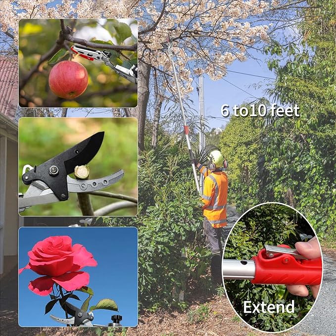 GARTOL Pruner for Garden Cut Upto 1 Inch &amp Hold Telescopic Pole Pruner Fruit Picker with Rotating Blade Head Lightweight Aluminum Extendable Handle for Tree Branch Cutter 3.67-5.45 FT Silver