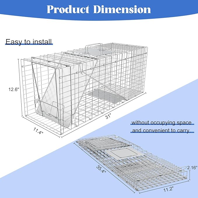 Humane Live Animal Trap Heavy Duty Folding Raccoon Traps Cage for Cat Squirrel Skunk Raccoon Fox Catch and Release Large Size 31.1 * 11 * 12.6 Inch