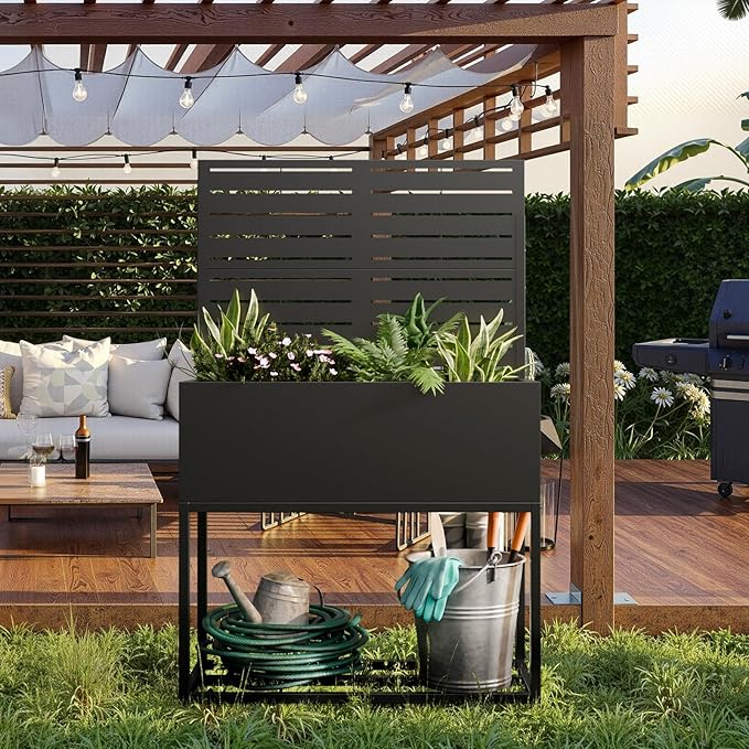 Metal Planter Box with Trellis55 H x35 W Raised Garden Beds with Privacy Screen for Climbing Plants Flower Elevated Standing Planter Garden Bed with Drainage Holes for Outdoor PatioBlack