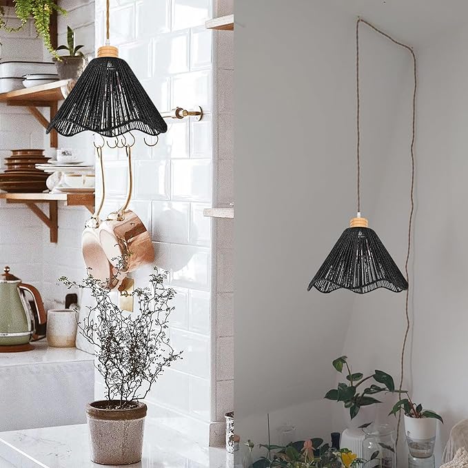 Full-Spectrum Lamp with Integrated Circulating Fan Timer Swag Hanging Boho Plant Growing Light Remote Control Plug-in Twine Braiding Cord Dimmable Black for Indoor Planting Portable 30W