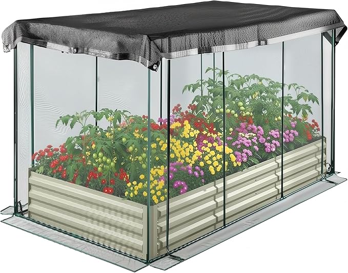 Raised Garden Bed with Cover 8X4X1 FT Outdoor Metal Planter Box with Greenhouse Zipper Shade Cloth Plant Protection Net Bottomless Open Base Design for Vegetables Fruits Flowers Herbs
