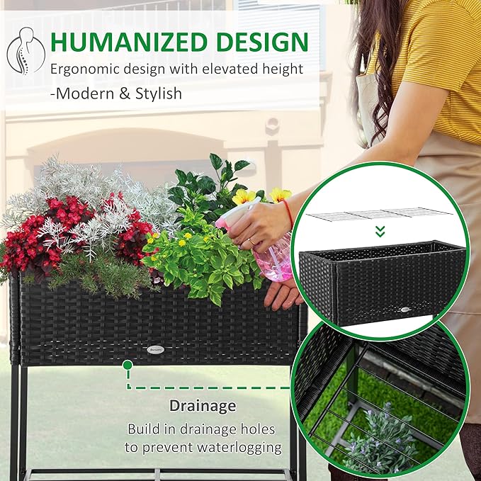 Raised Garden Bed Elevated Planter Box with Rattan Wicker Look Tool Storage Shelf Portable for Herbs Vegetables Flowers Black