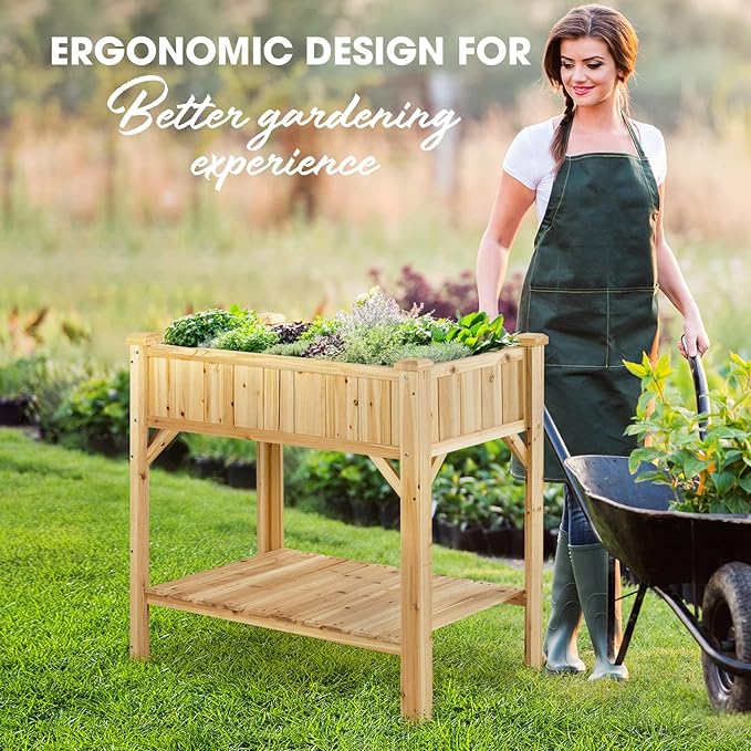 Idzo Raised Garden Bed with Legs Durable Elevated Garden Box with Wax Oil Coated 36x36x24in Wood Planter with Big Planter Box Load Up to 200 Pounds Ergonomic Height for Convenient Plants Care