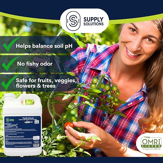 Pacific Bounty Organic Liquid Fish Fertilizer – OMRI Listed Wild Fish Ferment – Hydrolyzed Emulsion with Beneficial Microbes for Fruits Vegetables Flowers Shrubs – 2.0-0.5-1.25 NPK (2.5 Gallon)