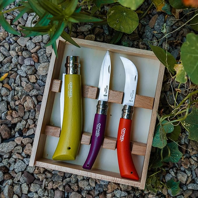 Opinel 3 Piece Gardening Tool Set - No. 12 Folding Saw No. 8 Pruning Knife No. 8 Garden Knife - Vibrant Painted Handles Stainless Steel and Carbon Steel Blades - Made in France