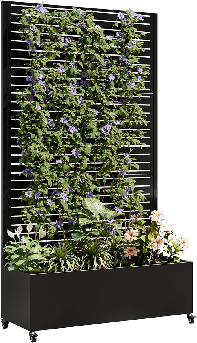 Raised Garden Bed with Trellis Metal Planter Box with Privacy Screen and Drainage Holes Planter Boxes Outdoor with 4 Wheels for Climbing Plants Vegetables Vines (Rectangular)