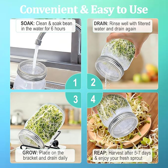 Seed Sprouting Kit 2 Large 1000ML Wide Mouth Mason Jars with Sprout Lids Drain Tray Stainless Steel Stand Cleaning Brush Sprouts Growing Kit for Sprouts Bean Broccoli