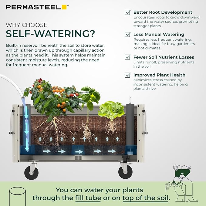 Permasteel Self-Watering Garden Bed Rolling Planter for Vegetables Flowers Herbs and Fruit Outdoor Indoor Caster Wheels Ivory
