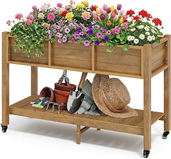 DWVO 47x18x31in Raised Garden Bed Outdoor HDPE with Legs and Lockable Wheels Weather-Resistant Poly-Wood Elevated Planter Box Herb Garden Bed for Backyard Patio Balcony Brown