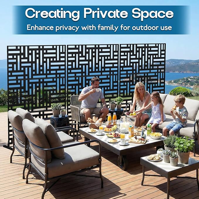 Metal Privacy Screen 72 H x 47.2 Decorative Outdoor Privacy Screen Privacy Panel with Stand for Balcony Deck Patio Lawn Garden Privacy Fence (Black-Street)