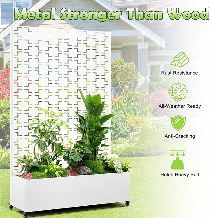 15.7×70.9×47.2 Metal Raised Garden Bed with Trellis and Wheels - Tall Trellis Planter Box for Climbing Plants Vegetables &amp Vines - Outdoor Privacy Planters for Patio (White-Square)