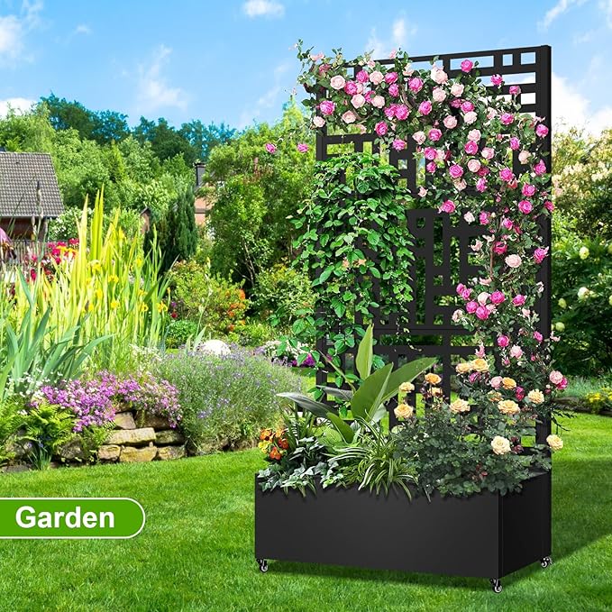 Metal Planter Box with Trellis 72x35x16 Metal Raised Garden Bed with Trellis Planter Box with Drainage Holes &amp Lockable Casters for Climbing Plants Vegetables and Vines