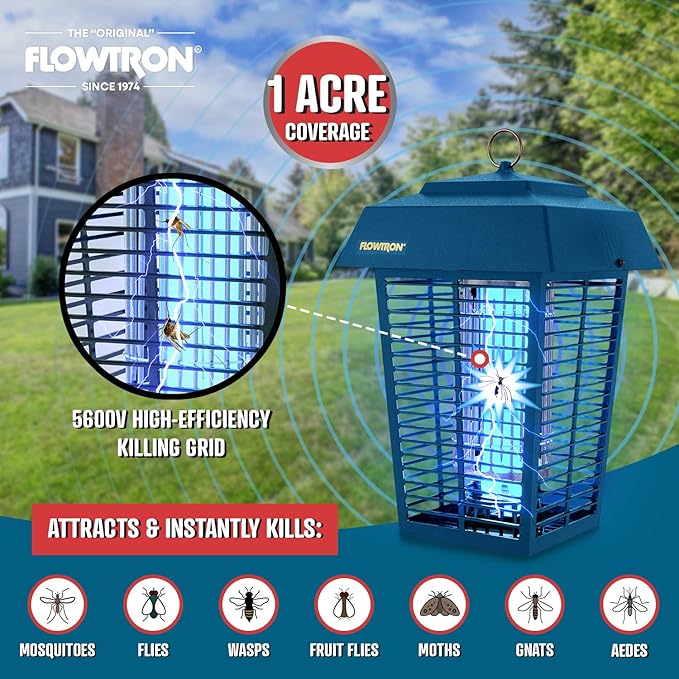 Flowtron Bug Zapper 1 Acre of Outdoor Coverage with Powerful 40W Bulb &amp 5600V Instant Killing Grid Electric Insect Fly &amp Mosquito Zapper Made in The USA - Blue Color