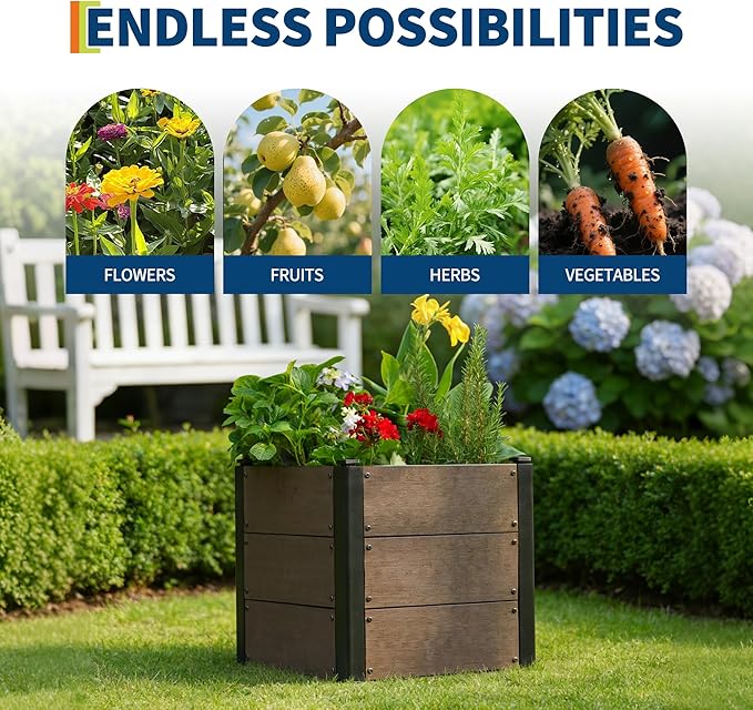 GarveeLife 19 x 19x 17 Wood Look Raised Garden Bed Without Bottom Outdoor Planter Box for Vegetables &amp Herbs Durable Composite Deep Root Bed for Vegetables Flowers in Backyard Patio