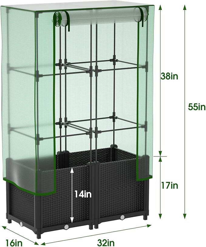 Onelike 32'' x 16'' x 55.5'' Plastic Raised Garden Bed with Greenhouse Cover and Trellis Vertical Tomato Planters for Climbing Plants Self Watering System Tomatoes Cage for Patio Medium