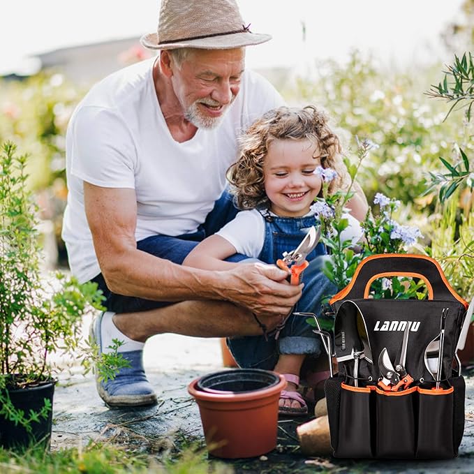 9 Piece Garden Tool Set - Heavy Duty Stainless Steel Gardening Hand Tools with Ergonomic Non-Slip Rubber Handles Pruning Shears Trowel and 600D Storage Tote Bag Gardening Gifts for Women