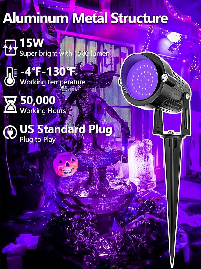 ZUCKEO Outdoor Blacklight Spotlight LED Spot Black Light with US Plug 15W IP66 Landscape Black Lights Fixtures for Glow Party Body Paint Fluorescent Poster Yard Garden House Decorating(4Pack)